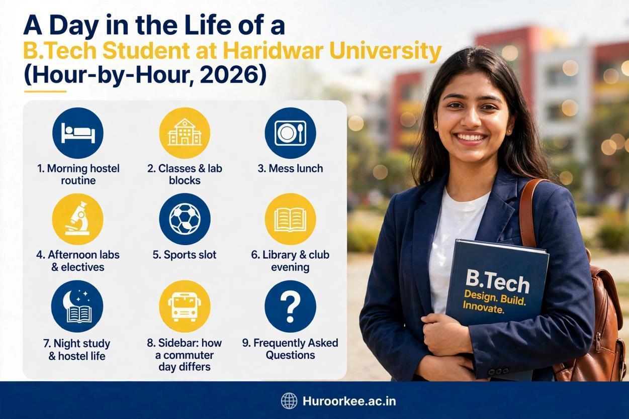Banner titled A Day in the Life of a B.Tech Student at Haridwar University (Hour-by-Hour, 2026), showing nine numbered icons for the day's sections beside a photo of a smiling student holding a B.Tech folder, with the huroorkee.ac.in footer.