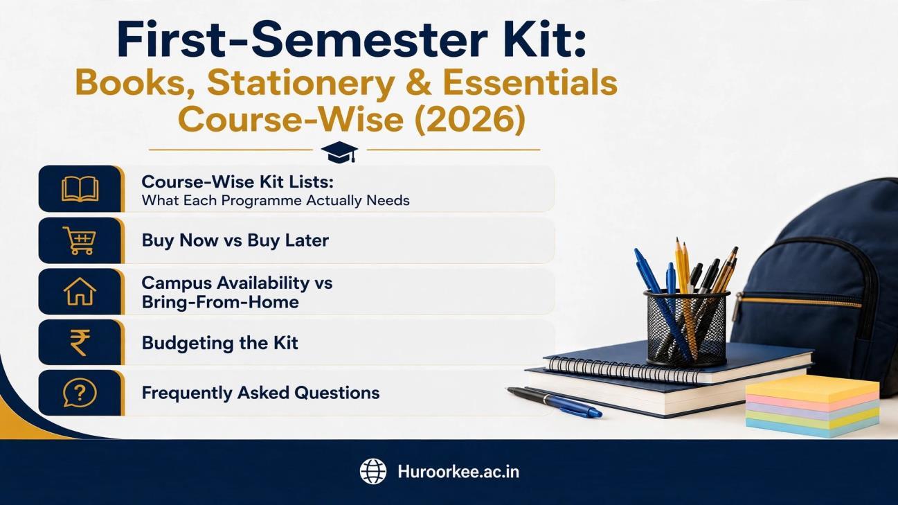 Course-wise first-semester kit for students at Haridwar University &mdash; lab coat, drafting set, nursing uniform, laptop and textbooks laid out together.