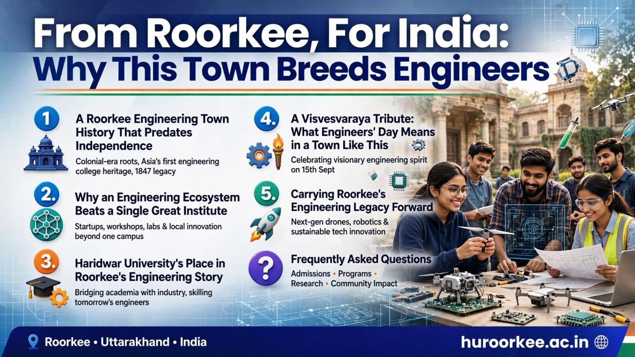 Infographic listing the blog's five sections and FAQ, with a photo of Haridwar University engineering students assembling a drone and circuit board on the Roorkee campus