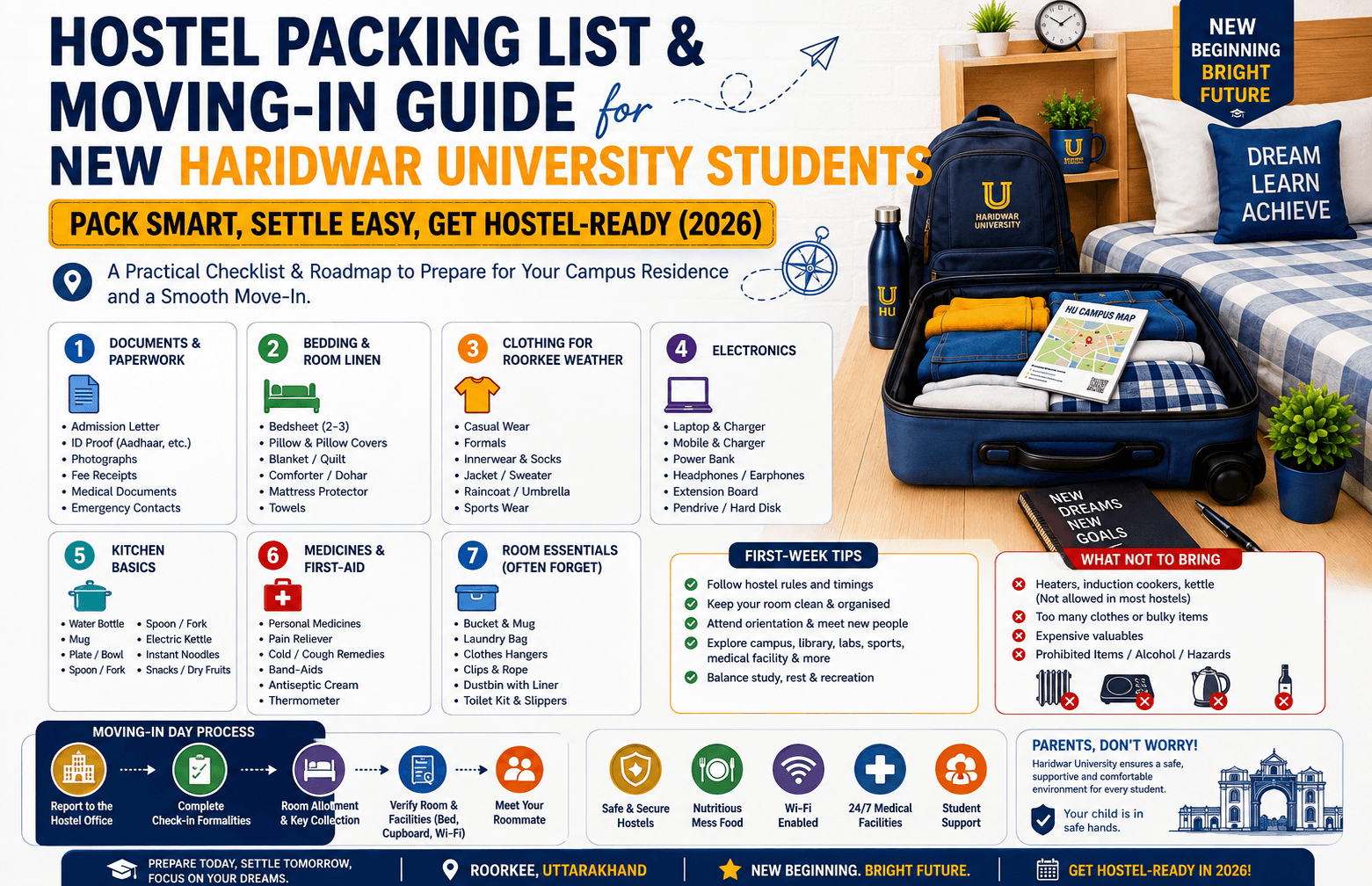 Hostel Packing List & Moving-In Guide for New Haridwar University Students (2026)