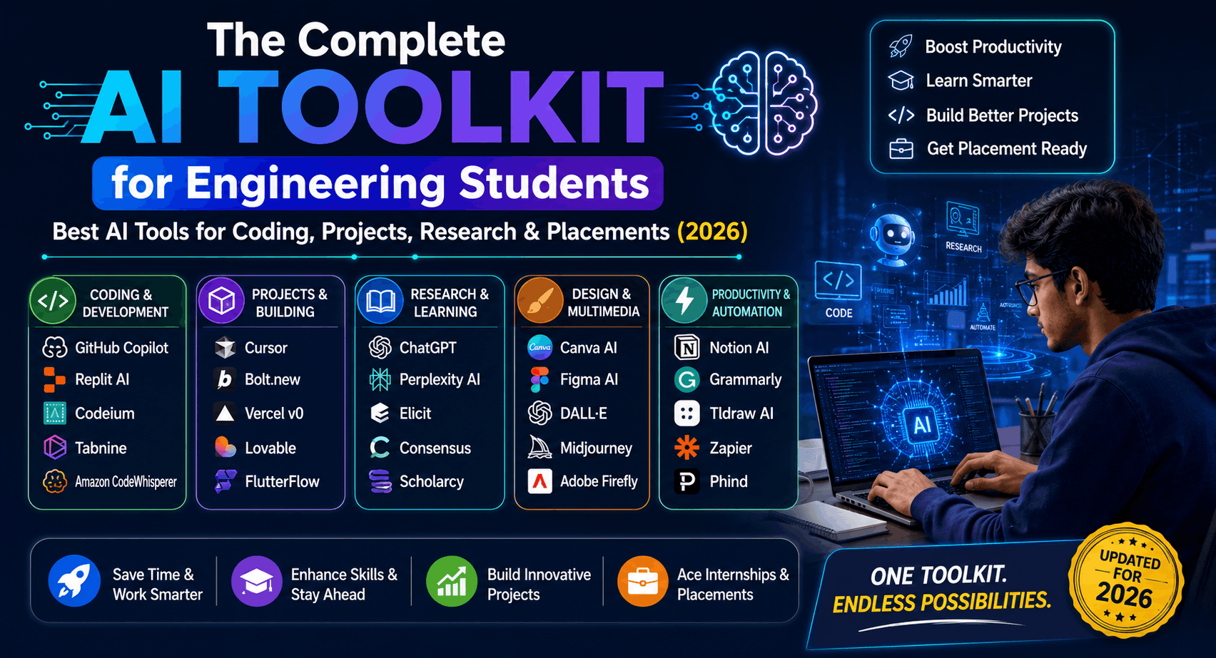 The Complete AI Toolkit for Engineering Students: Best AI Tools for Coding, Projects, Research & Placements (2026)