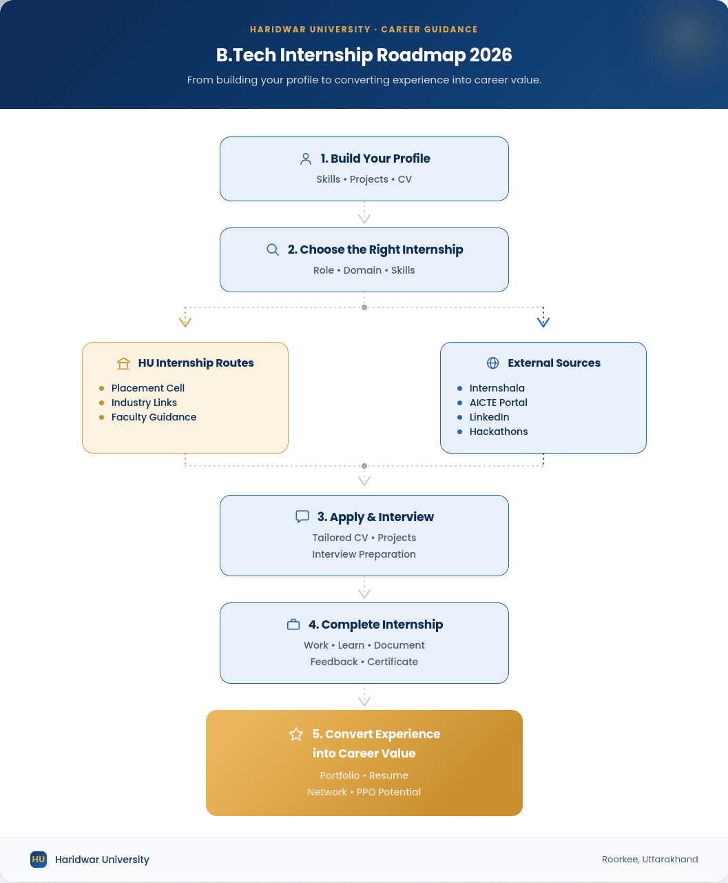 B.Tech internship roadmap at Haridwar University showing profile building, internship search, application, industry experience and placement preparation