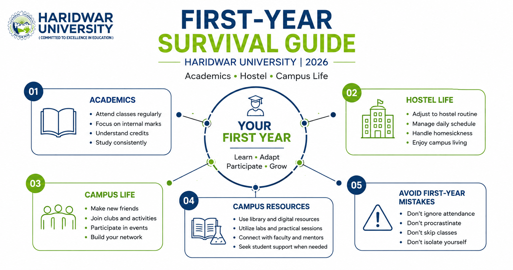 First-year survival guide for Haridwar University students covering academics, hostel life, campus resources and student activities.