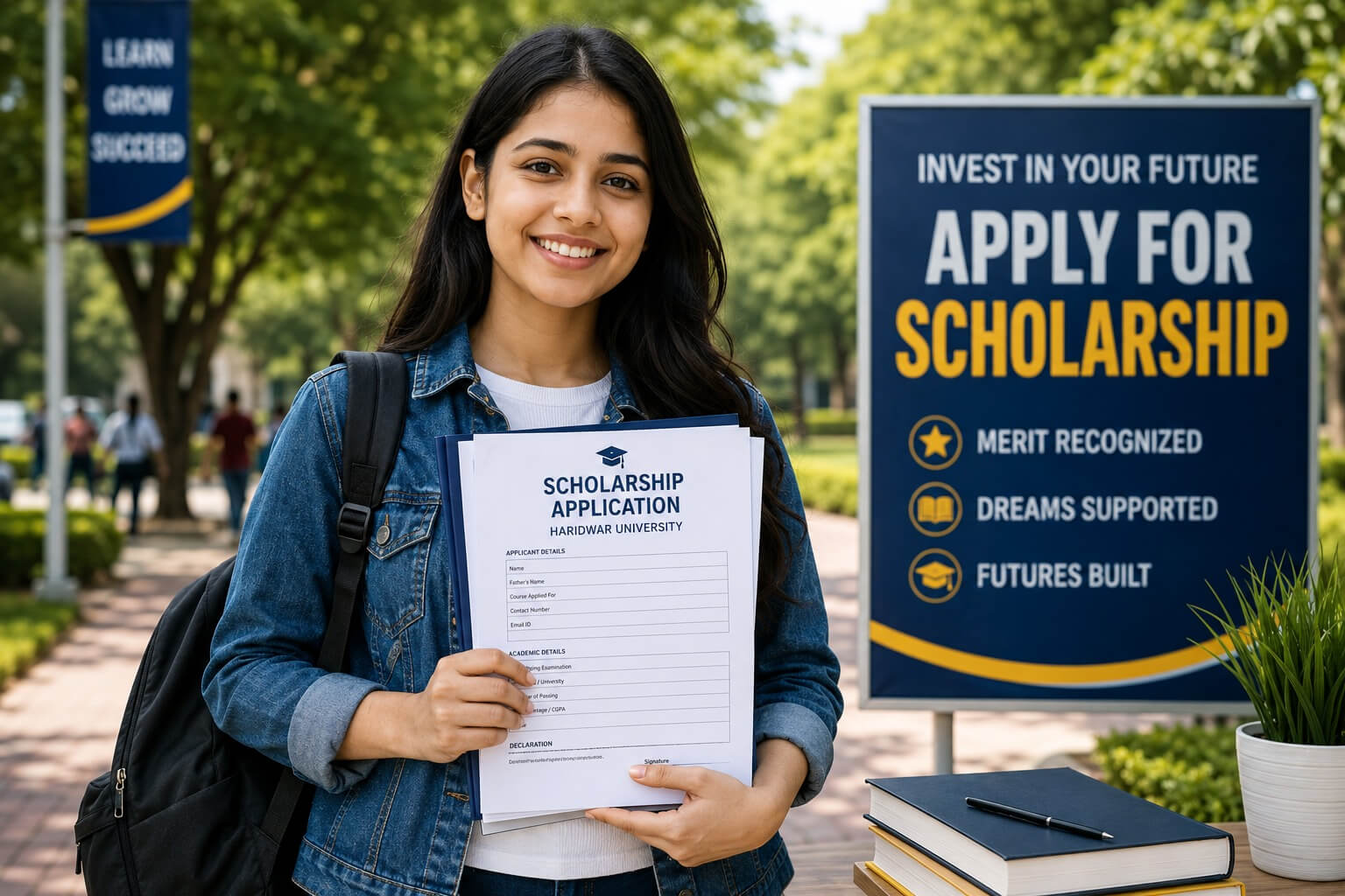 Student holding scholarship application documents at Haridwar University