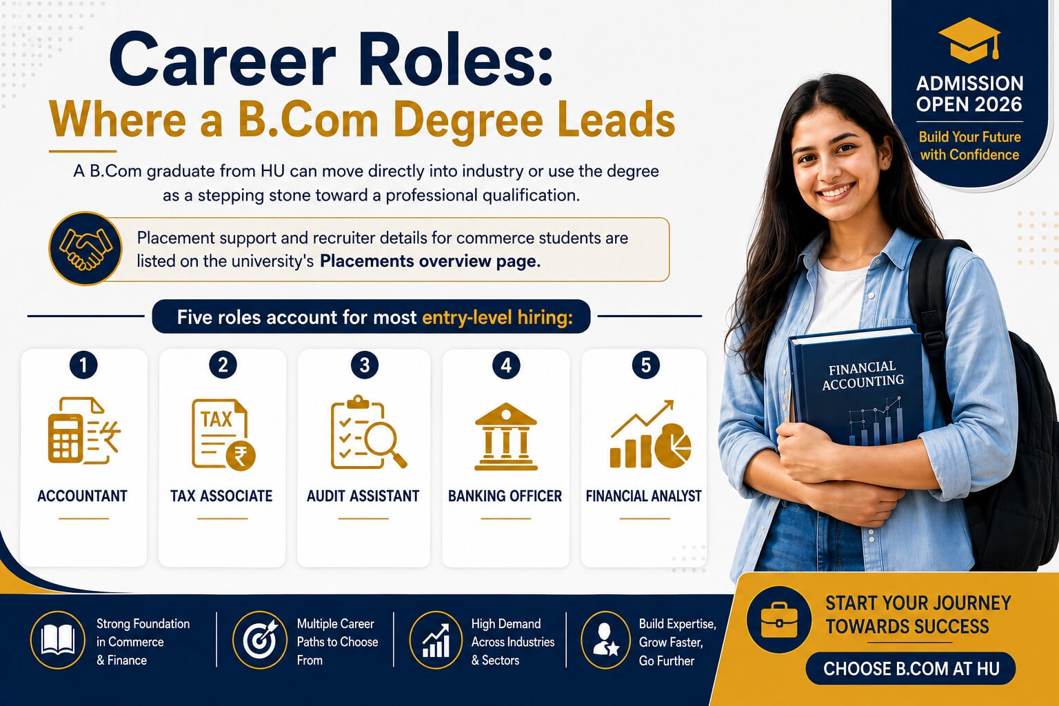 Five career roles after B.Com at Haridwar University: Accountant, Tax Associate, Audit Assistant, Banking Officer, Financial Analyst