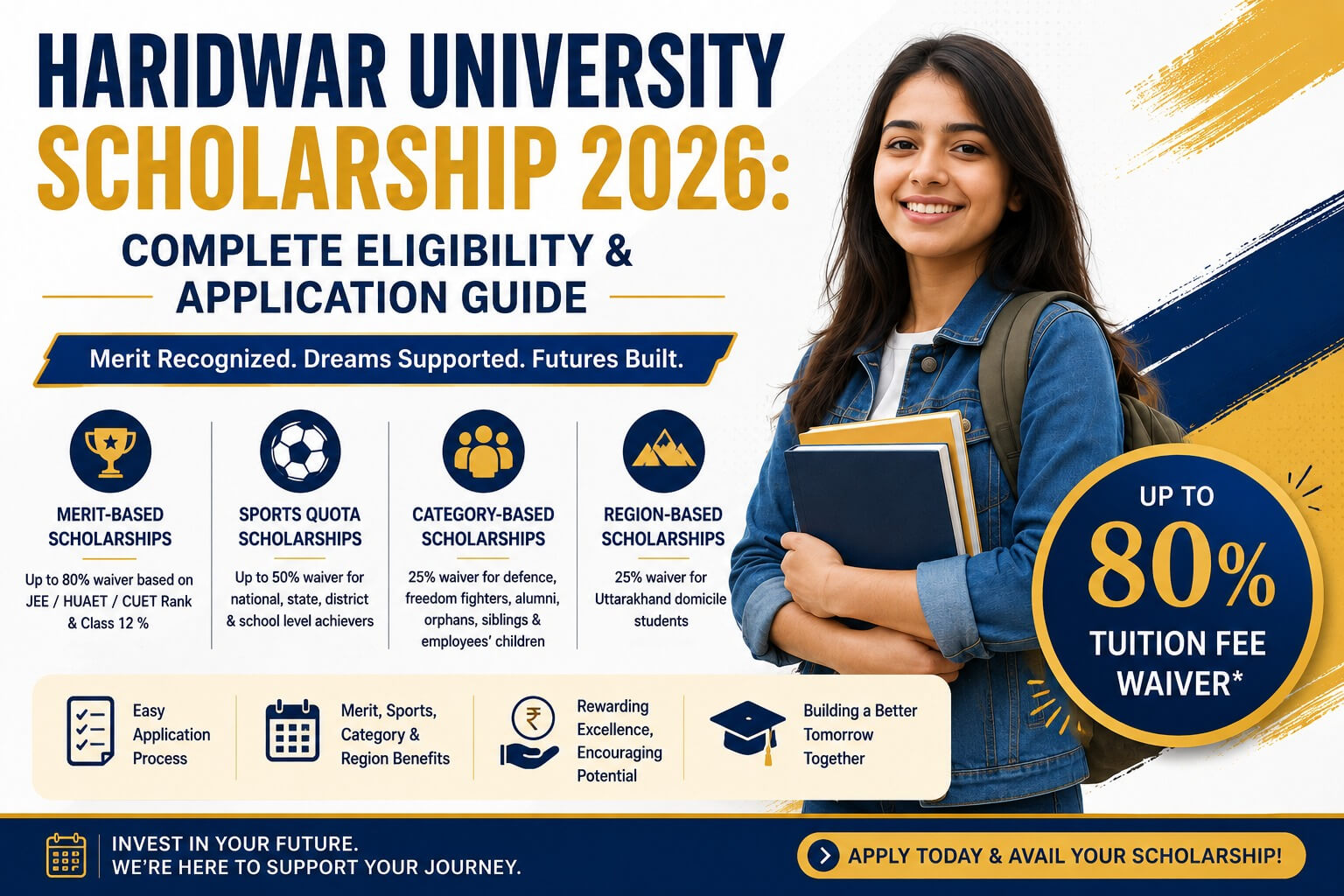 Haridwar University campus building with Scholarship 2026 admissions banner