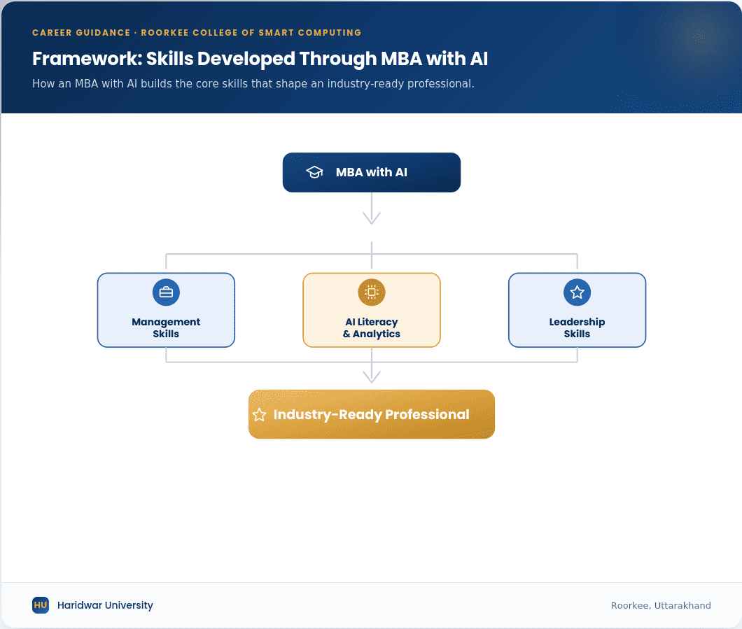 Framework showing how MBA with AI develops management skills, AI literacy, analytics, and leadership to prepare industry-ready professionals.