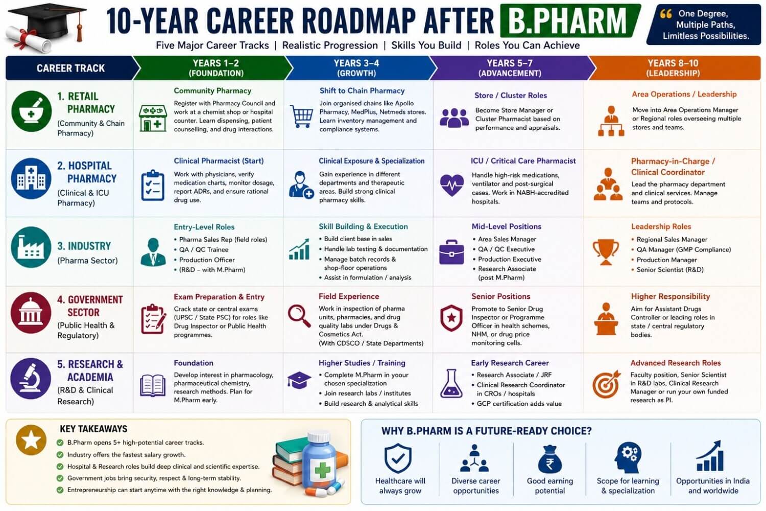 Infographic showing 10-year career roadmap after B.Pharm in retail, hospital, industry, government, and research