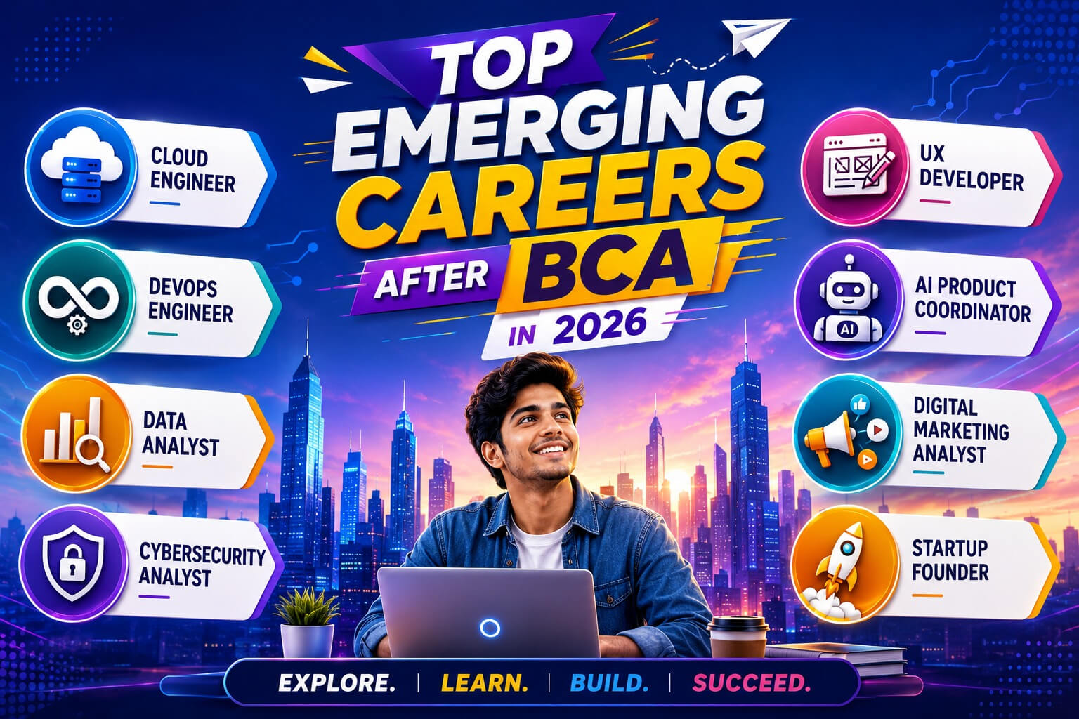 Infographic showing 8 emerging careers after BCA with salary ranges for 2026