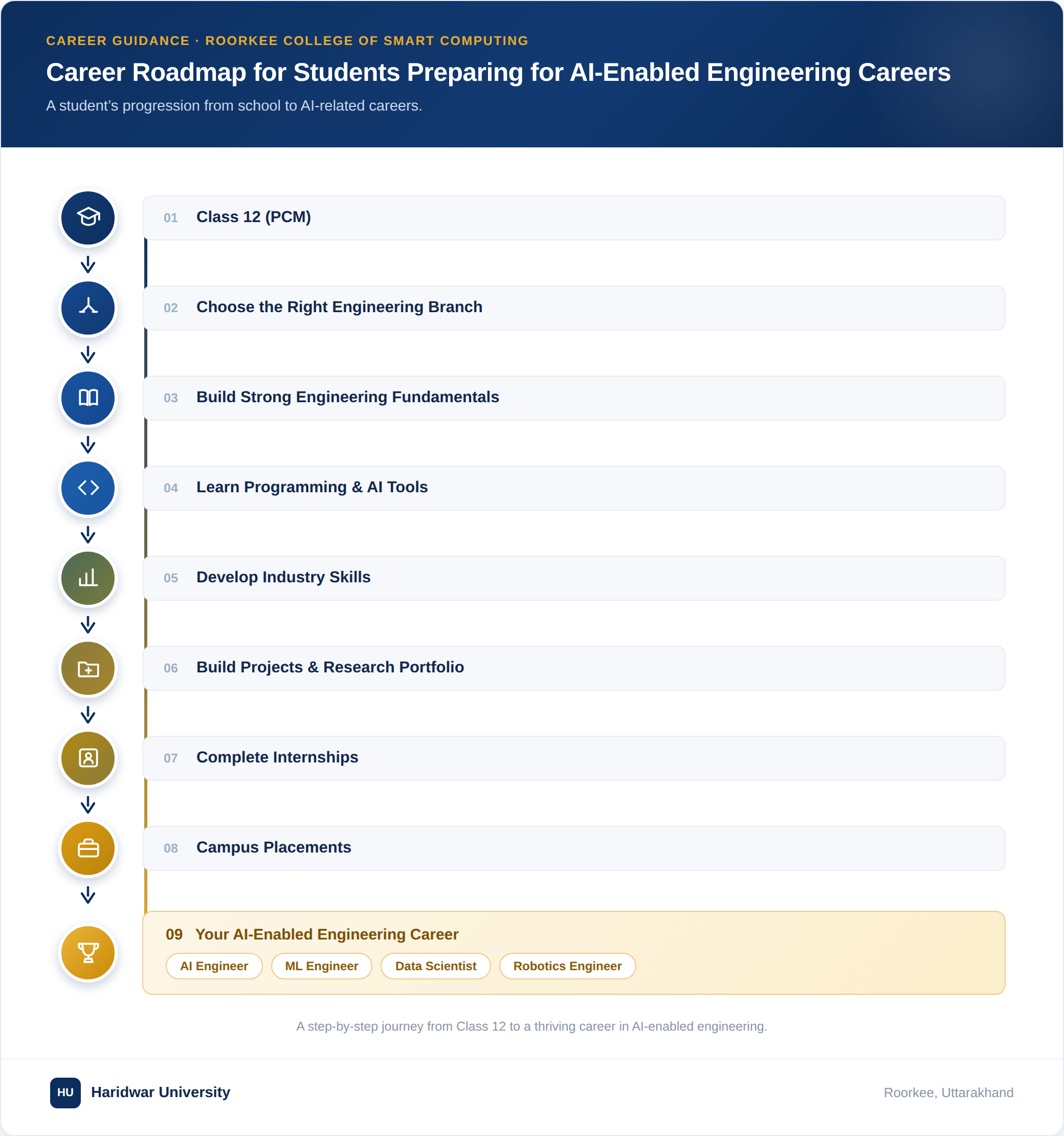 Career roadmap showing the journey from Class 12 to AI-related engineering careers through engineering education, technical skill development, projects, internships, and campus placements.