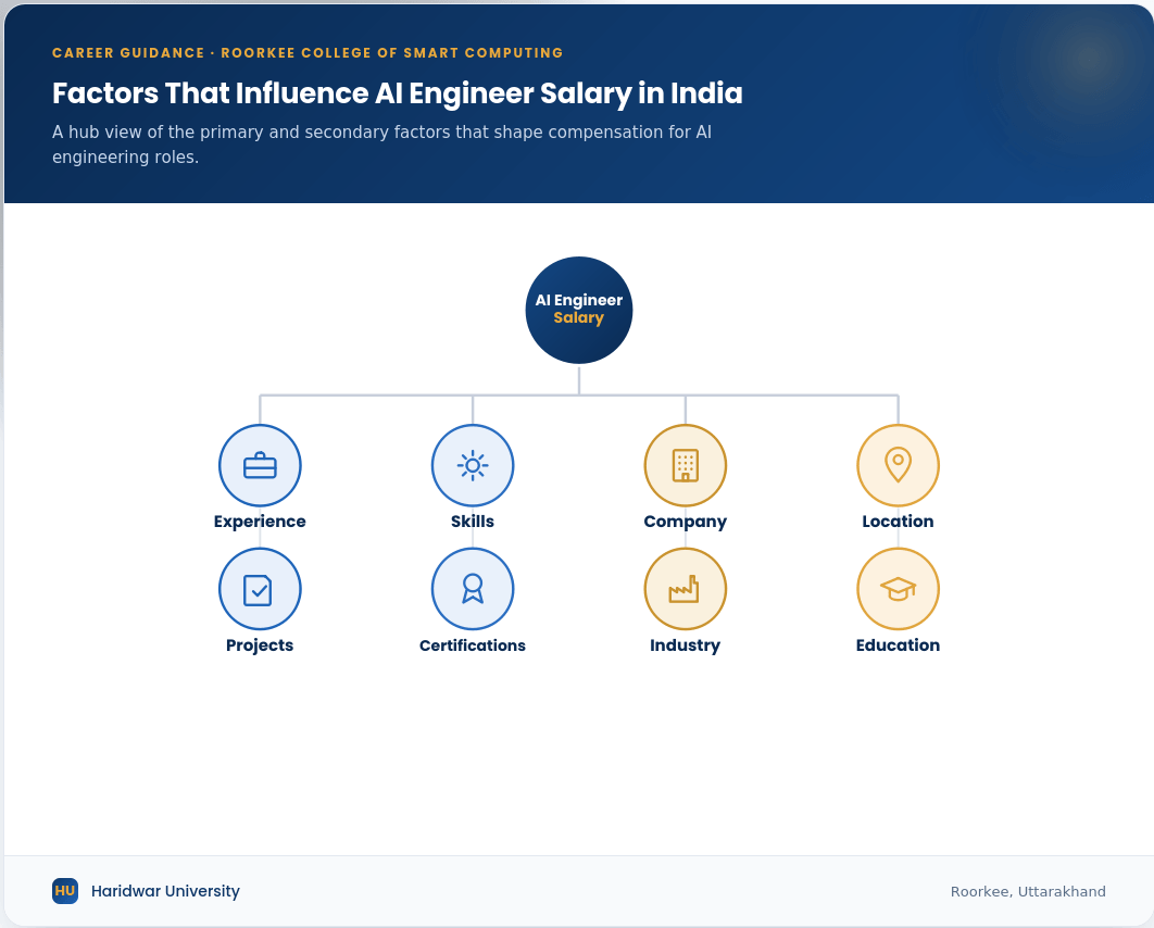 Framework showing the major factors influencing AI Engineer salary in India, including experience, technical skills, projects, education, company, certifications, and job location.