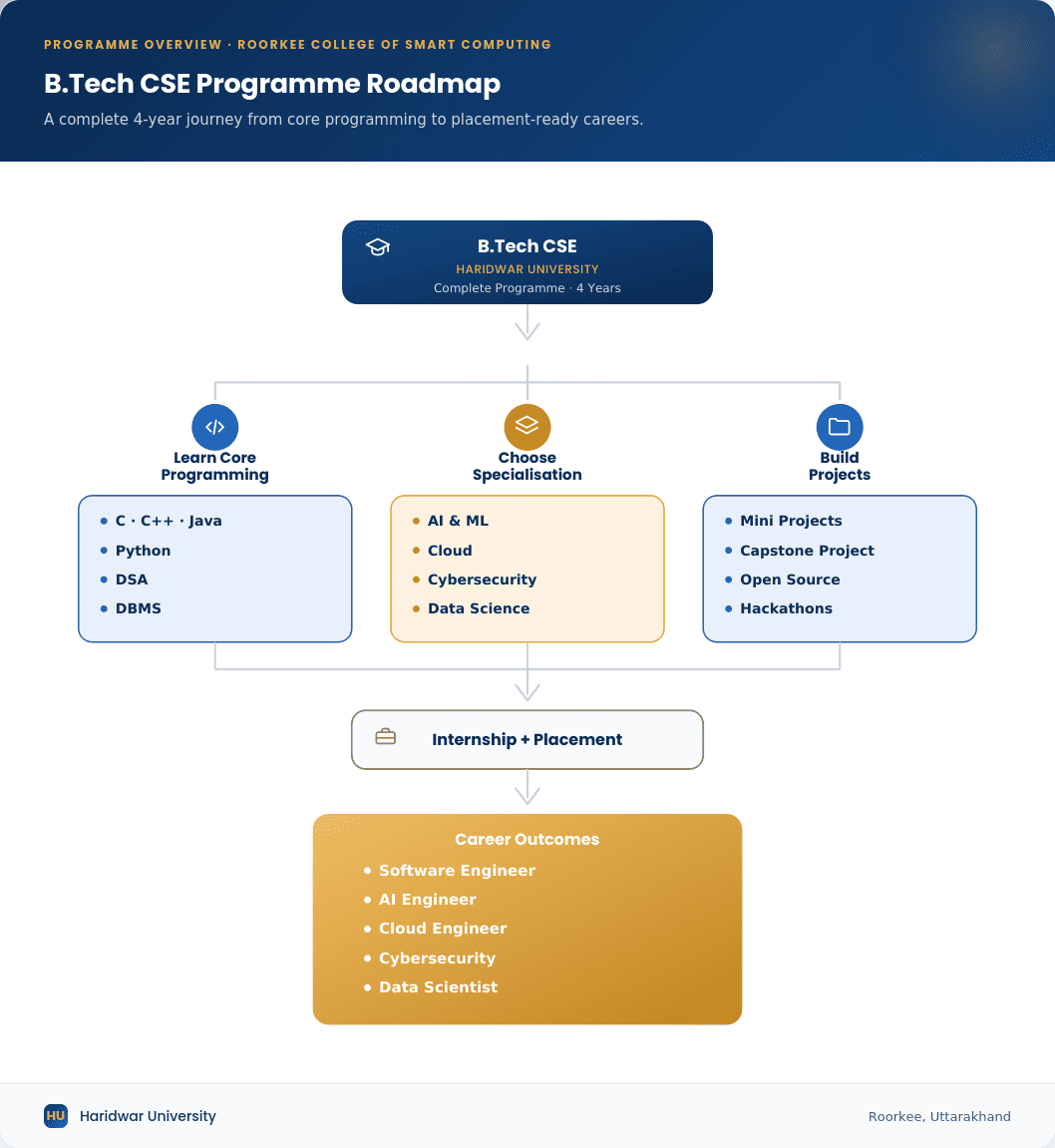 Learning roadmap of the B.Tech CSE programme at Haridwar University showing curriculum progression, specialisations, internships, and career opportunities.