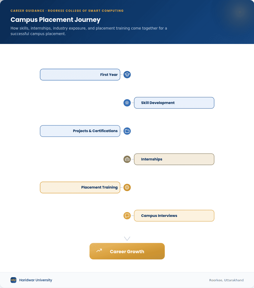 Student journey showing how skills, internships, industry exposure, and placement training contribute to successful campus placements