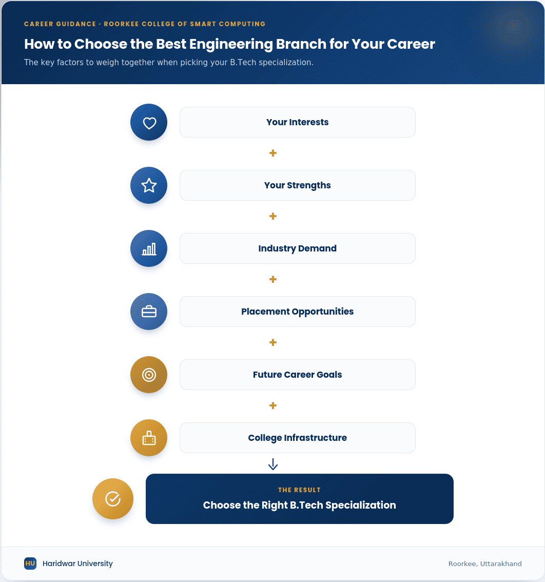 Flowchart showing how students can choose the right B.Tech specialization based on interests, strengths, industry demand, placement opportunities, career goals, and college infrastructure.