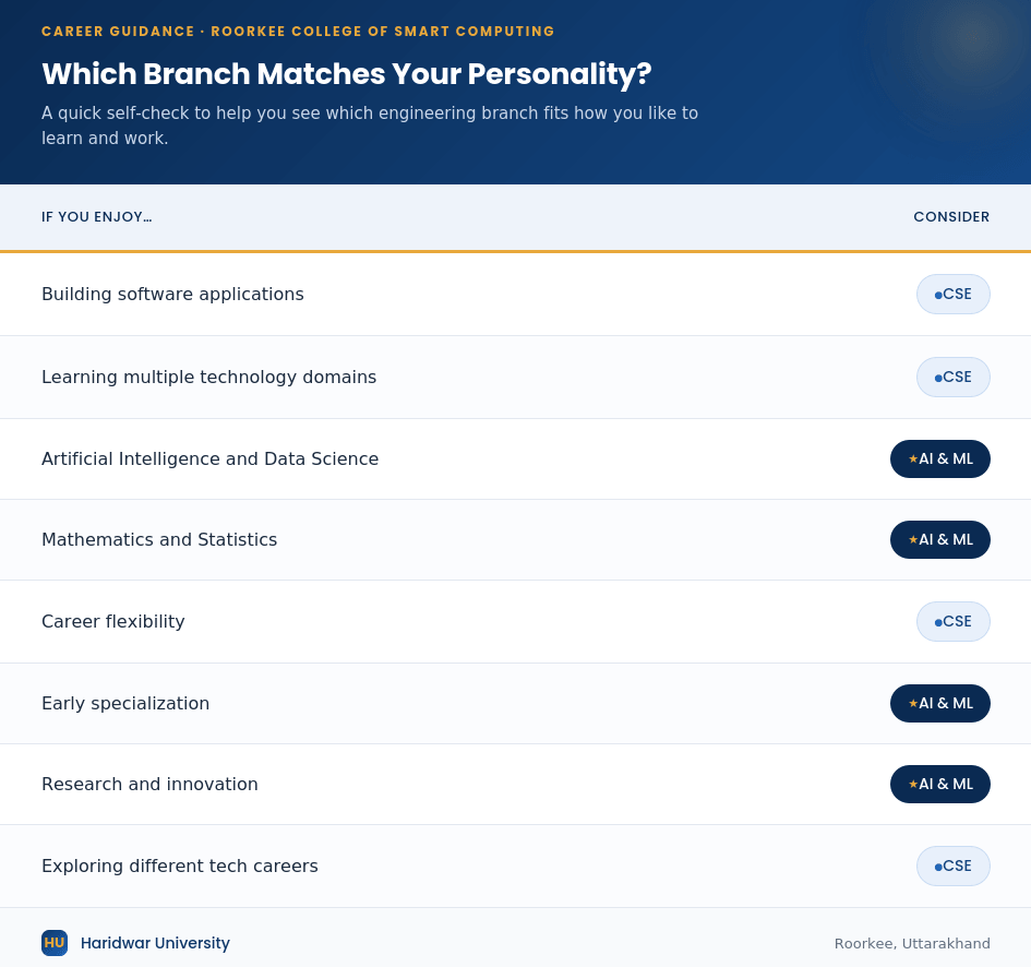AI vs CSE personality guide showing which engineering branch to choose based on interests such as software development, AI, mathematics, research, career flexibility, and technology exploration.