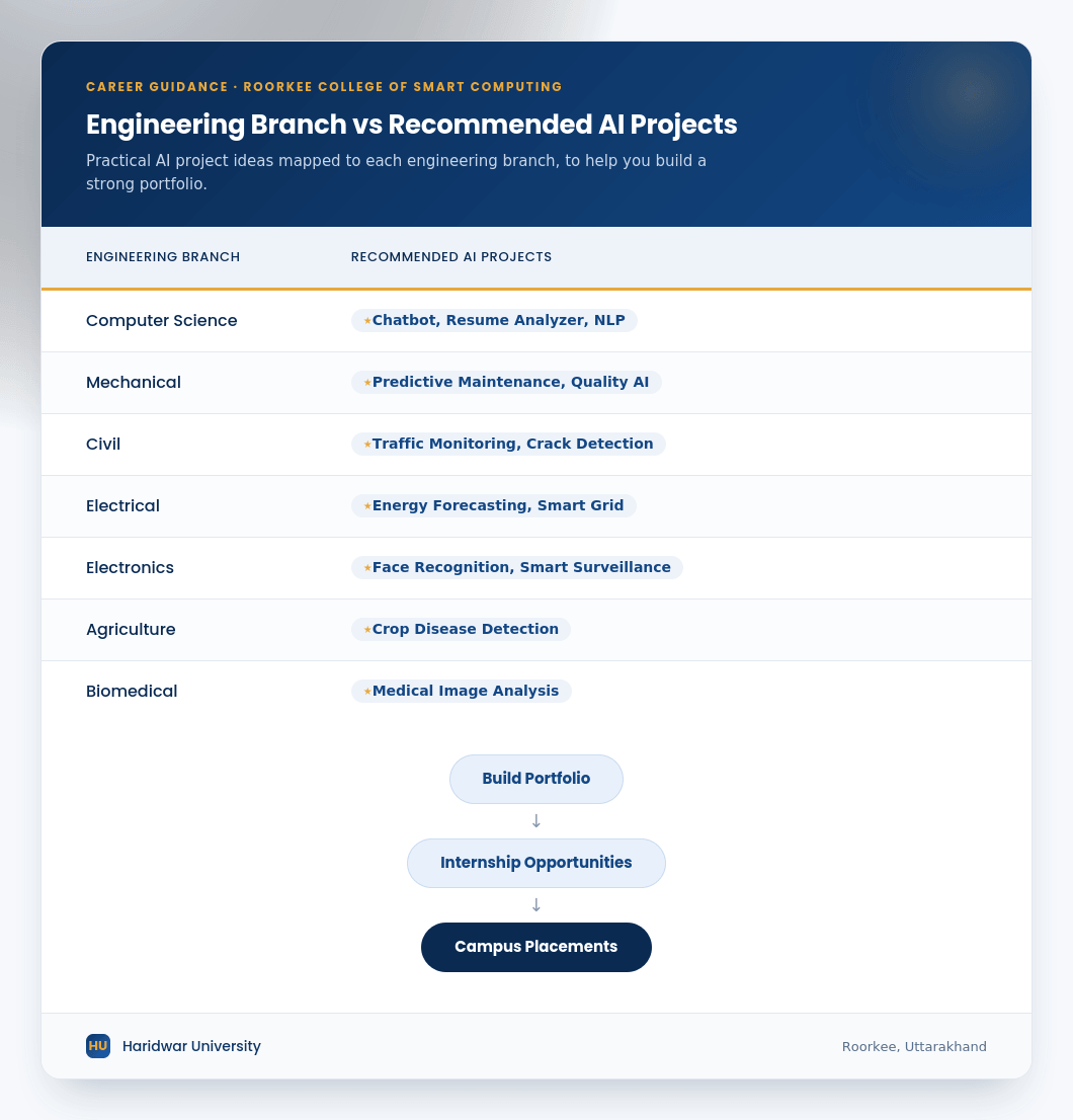 Matrix showing AI project recommendations for Computer Science, Mechanical, Civil, Electrical, Electronics, Agriculture, and Biomedical Engineering students, connected to portfolio development and placement opportunities.