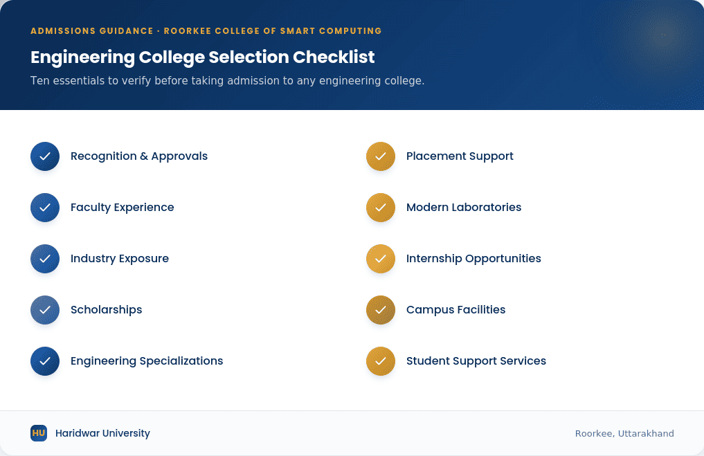 Engineering college selection checklist showing placement support, faculty, laboratories, industry exposure, scholarships, campus facilities, approvals, and engineering specializations for B.Tech admission.